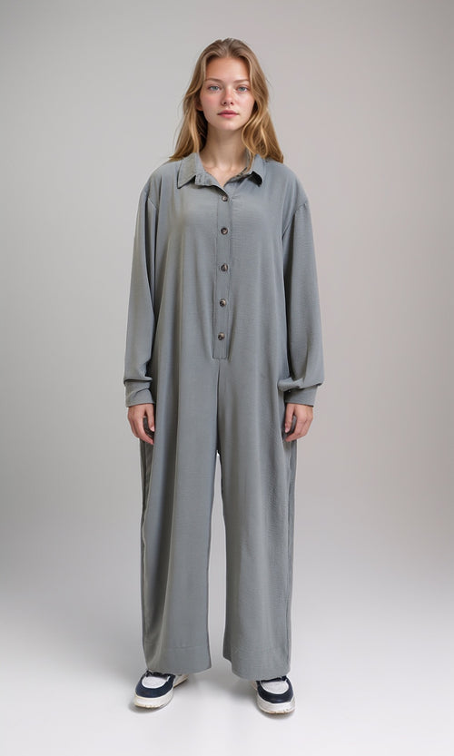 R209920 - Loose Fit Long Sleeves Buttoned Jumpsuit - Dark Grey