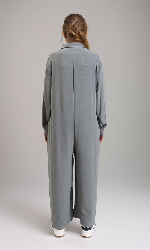 R209920 - Loose Fit Long Sleeves Buttoned Jumpsuit - Dark Grey