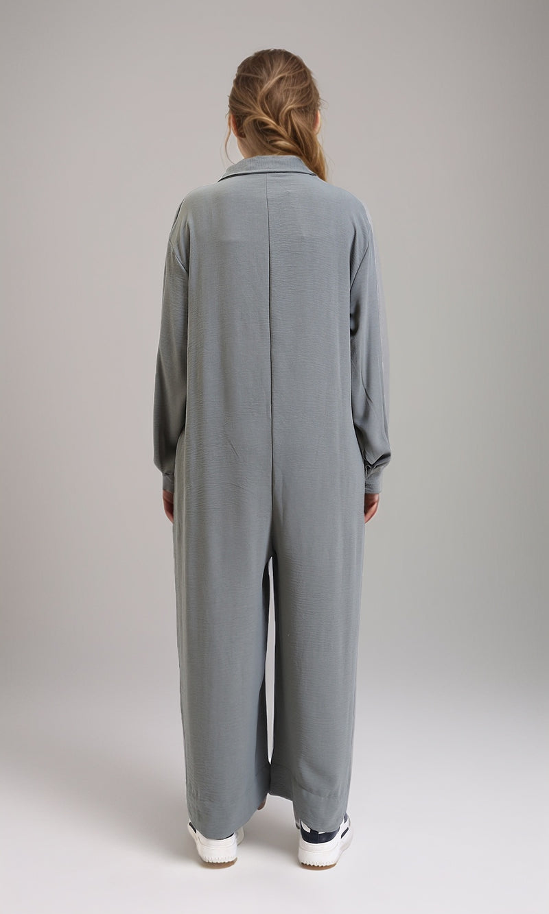 R209920 - Loose Fit Long Sleeves Buttoned Jumpsuit - Dark Grey