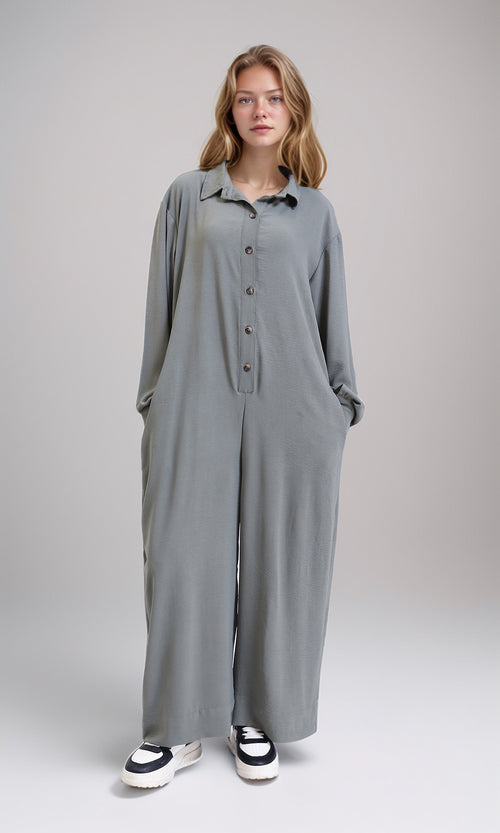 R209920 - Loose Fit Long Sleeves Buttoned Jumpsuit - Dark Grey