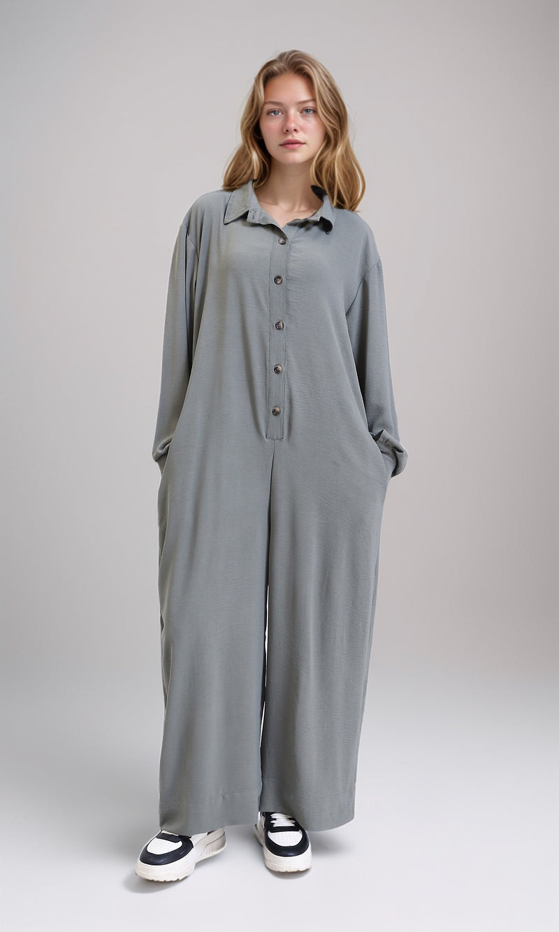 R209920 - Loose Fit Long Sleeves Buttoned Jumpsuit - Dark Grey