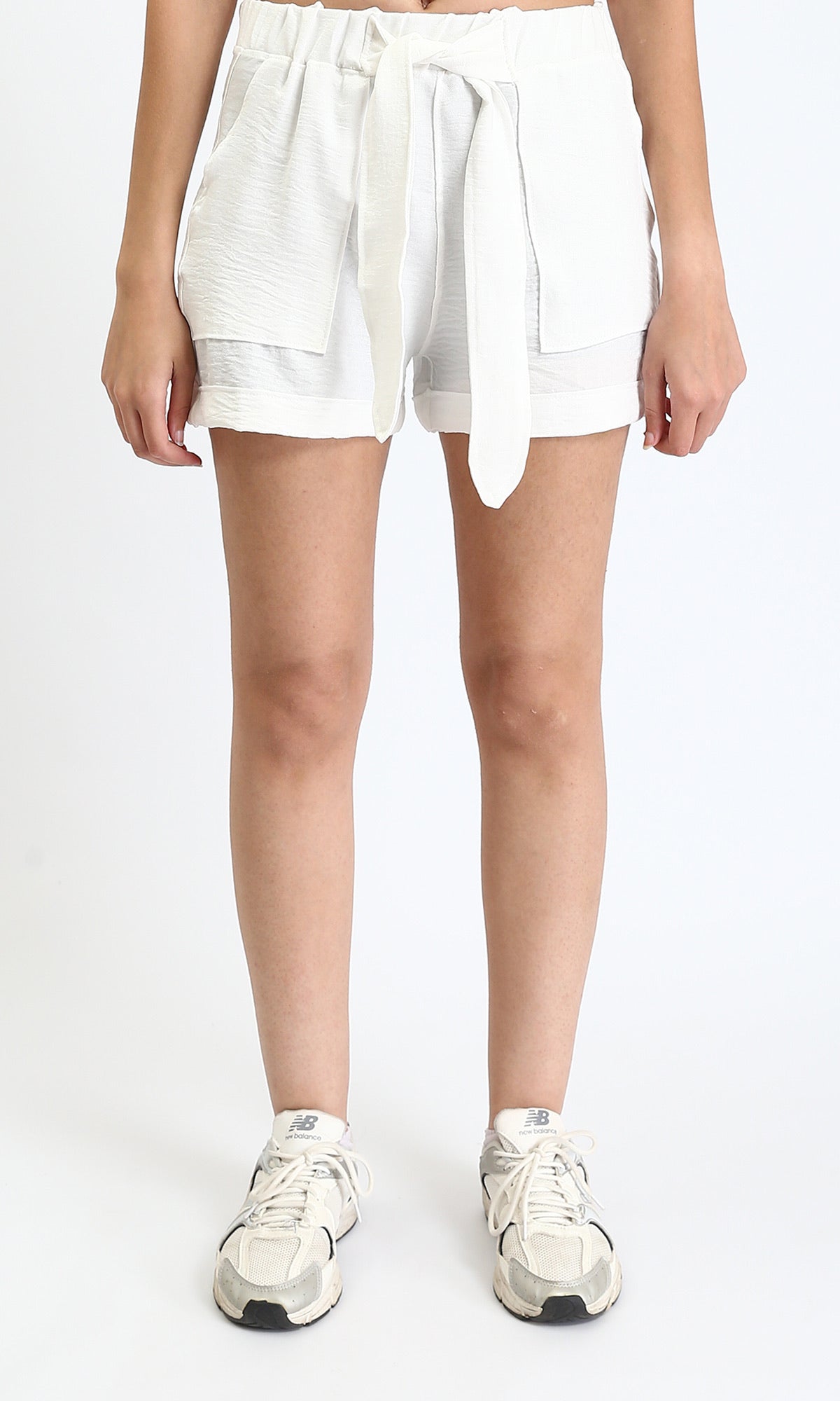 Slip On Summer Shorts with Lace Up - White