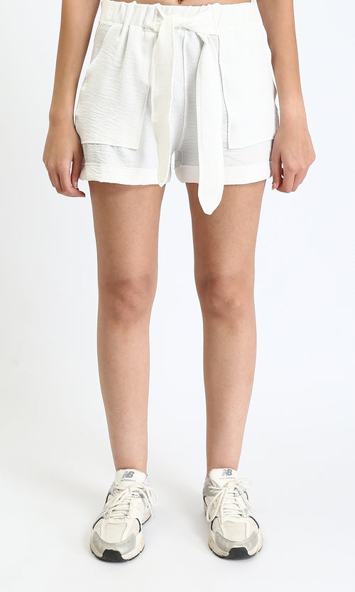 R209921 - Slip On Summer Shorts with Lace up - White