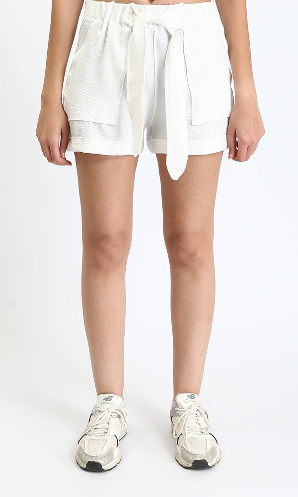 R209921 - Slip On Summer Shorts with Lace up - White