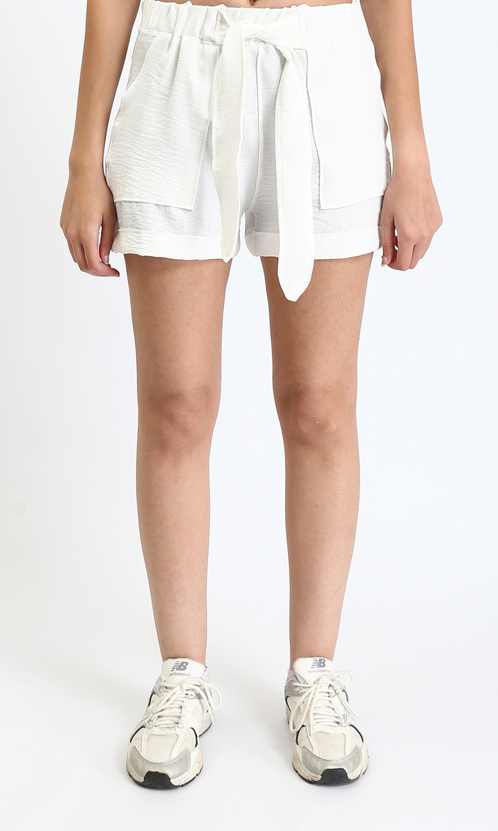 Slip On Summer Shorts with Lace Up - White