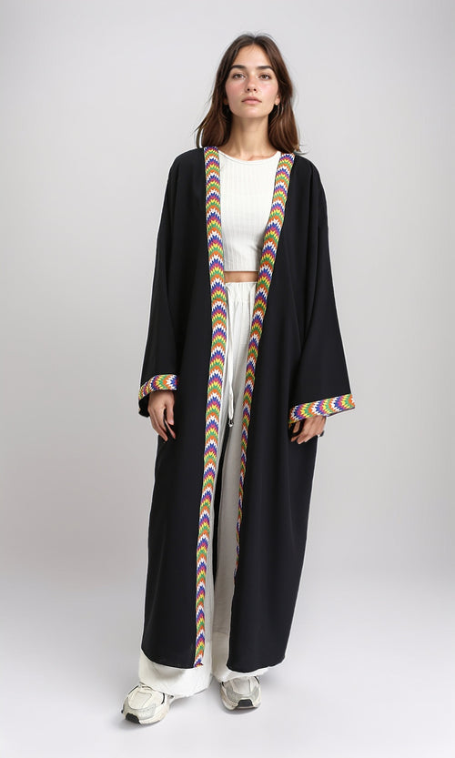 R209925 - Colorful Neckline Summer Long Cardigan - Black