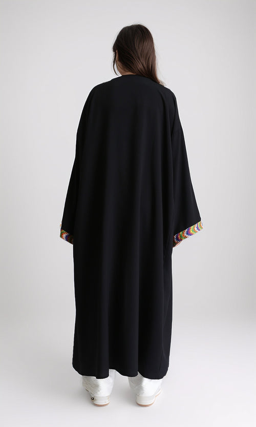 R209925 - Colorful Neckline Summer Long Cardigan - Black