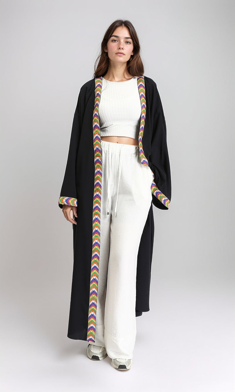 R209925 - Colorful Neckline Summer Long Cardigan - Black