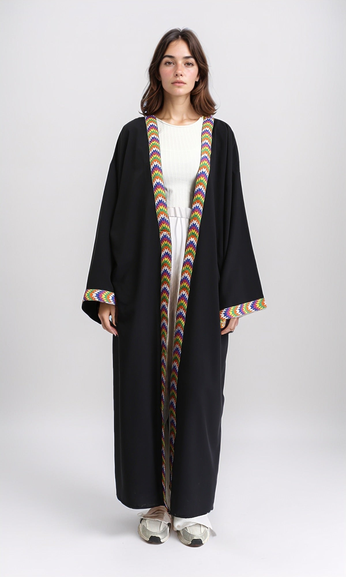 R209925 - Colorful Neckline Summer Long Cardigan - Black