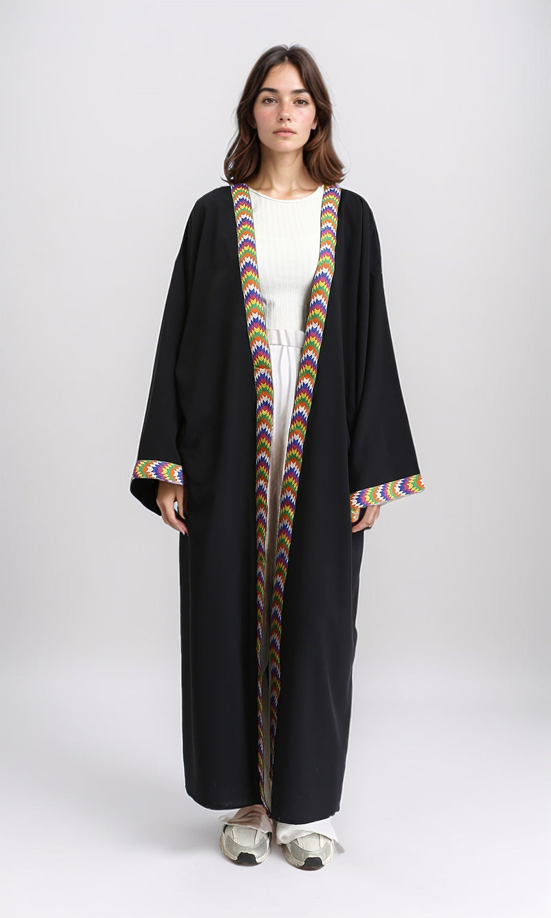 R209925 - Colorful Neckline Summer Long Cardigan - Black
