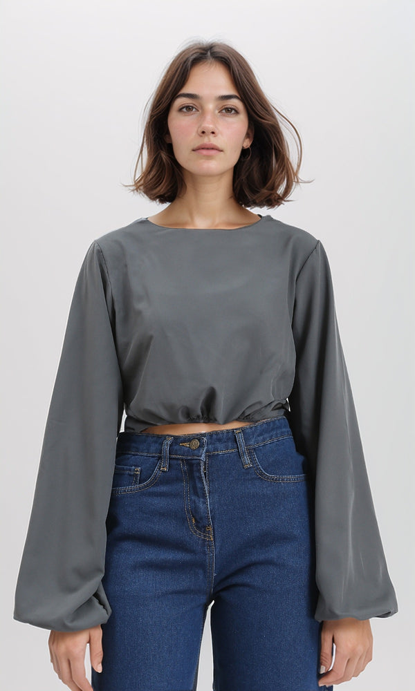 R209926 - Bell Sleeves Solid Casual Blouse - Dark Grey