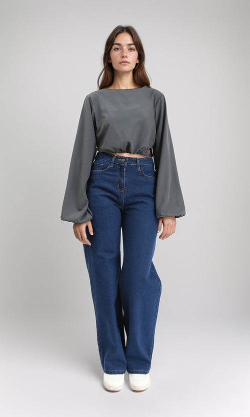 R209926 - Bell Sleeves Solid Casual Blouse - Dark Grey