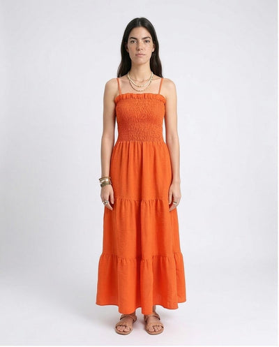 Smocked Bodice Tiered Maxi Dress - Bright Orange