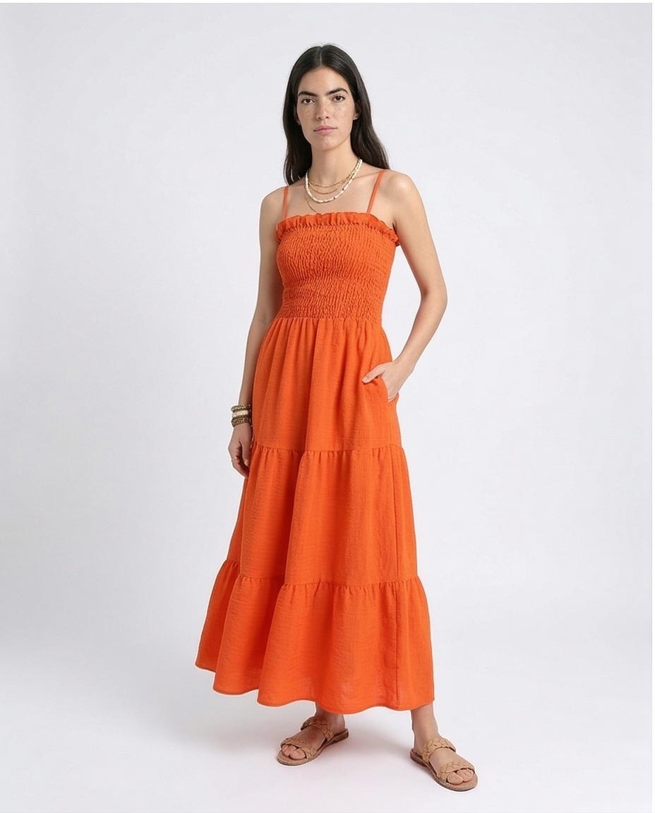 Ravin Smocked Bodice Tiered Maxi Dress - Bright Orange - R209966