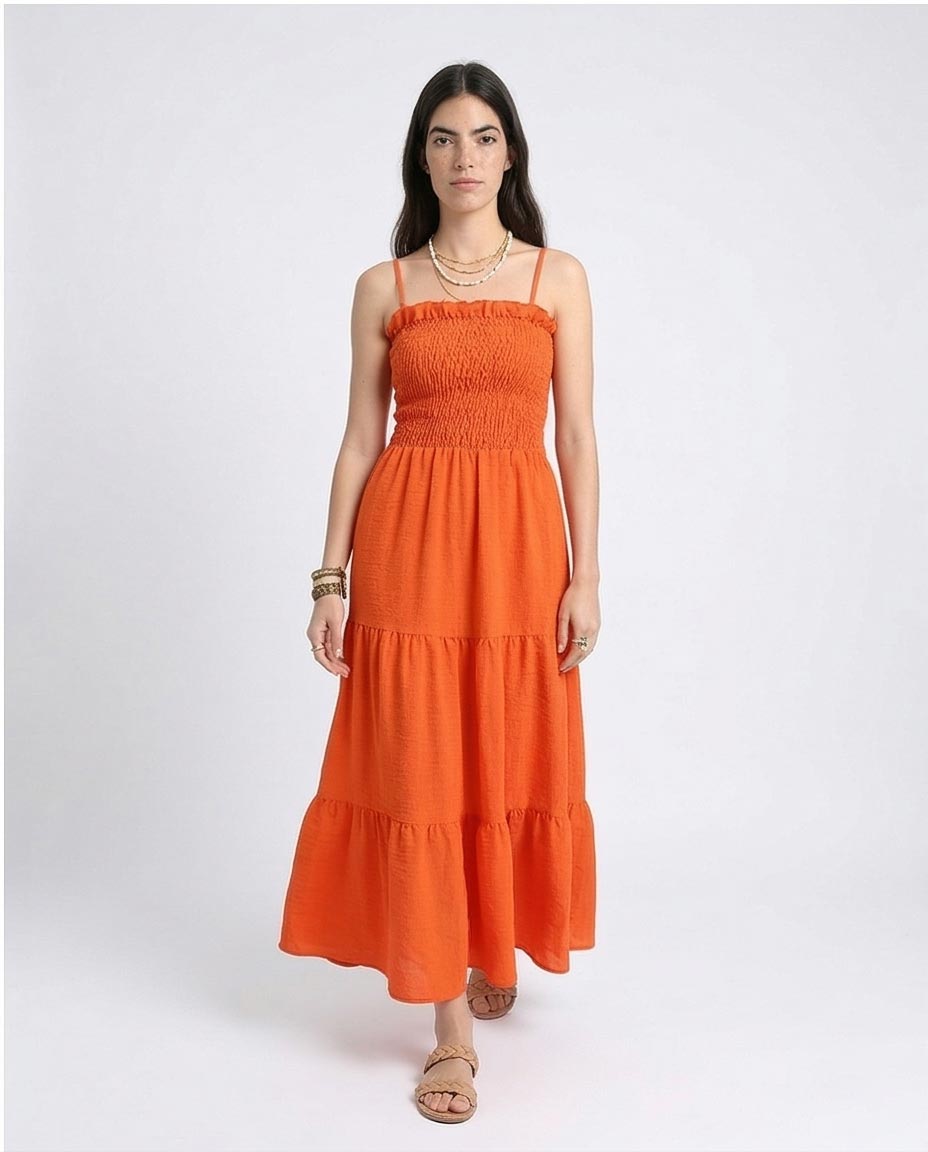 Ravin Smocked Bodice Tiered Maxi Dress - Bright Orange - R209966