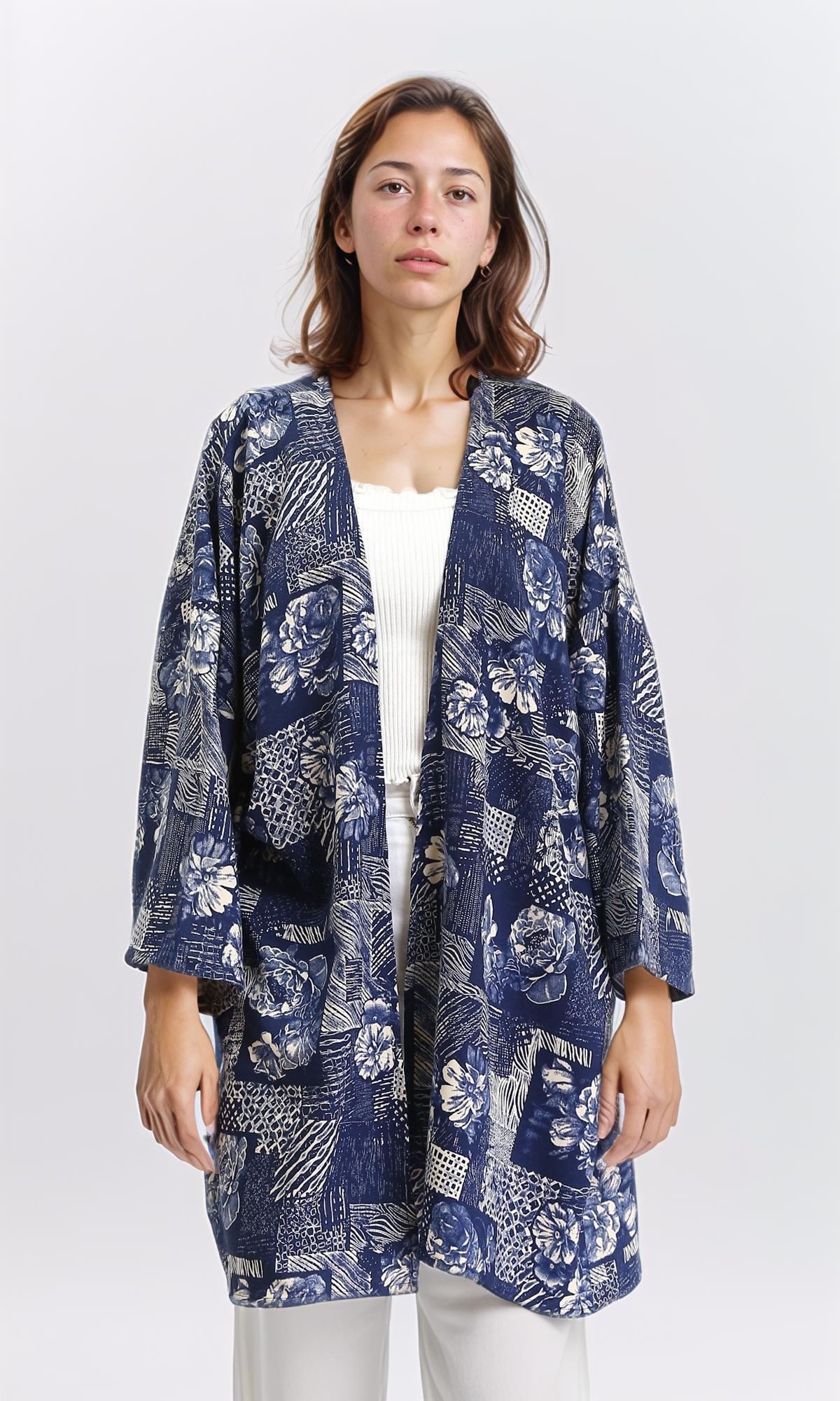 Floral Long Sleeves Comfy Cardigan - Navy Blue