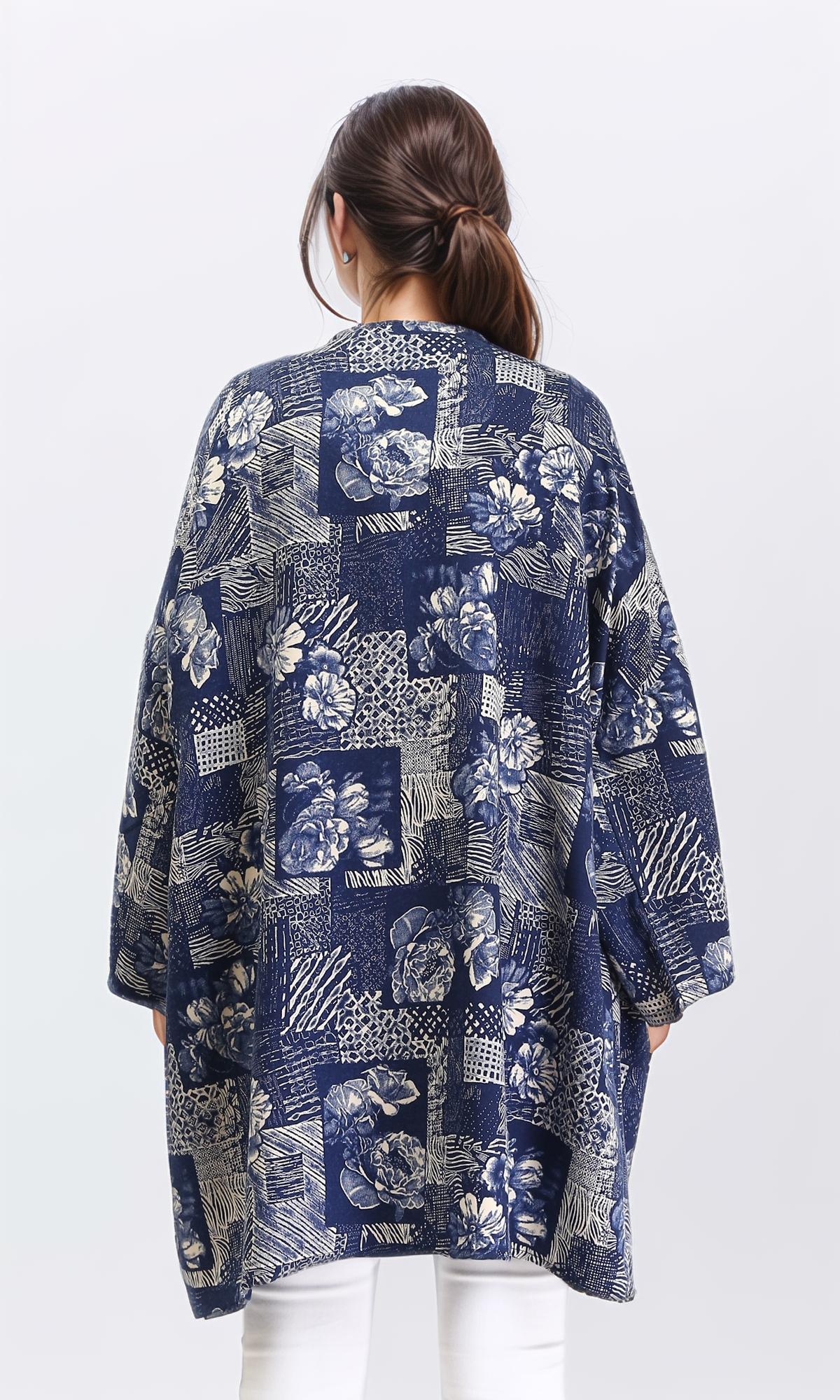 R209983 - Floral Long Sleeves Comfy Cardigan - Navy Blue