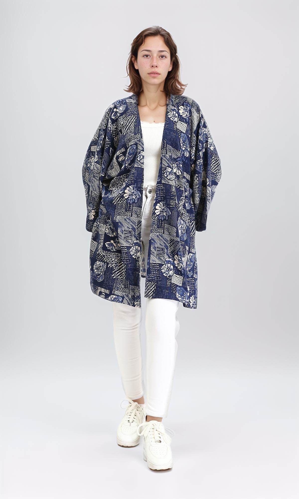 R209983 - Floral Long Sleeves Comfy Cardigan - Navy Blue