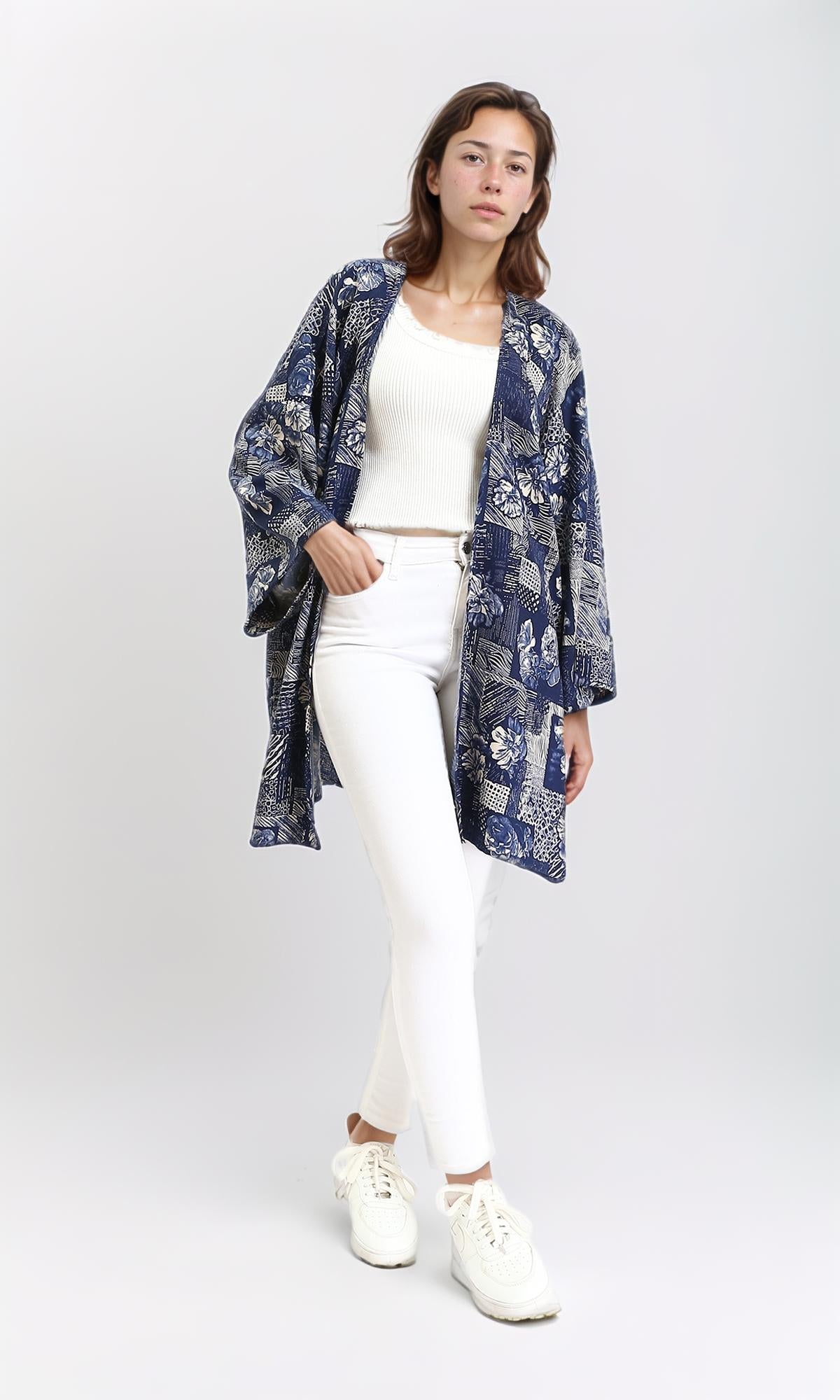R209983 - Floral Long Sleeves Comfy Cardigan - Navy Blue