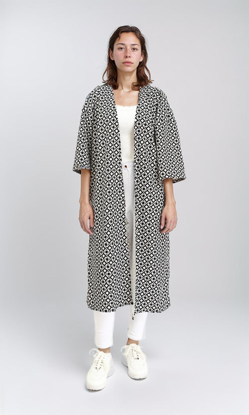 R209996 - Open Neckline Patterned Cardigan - Black & Beige