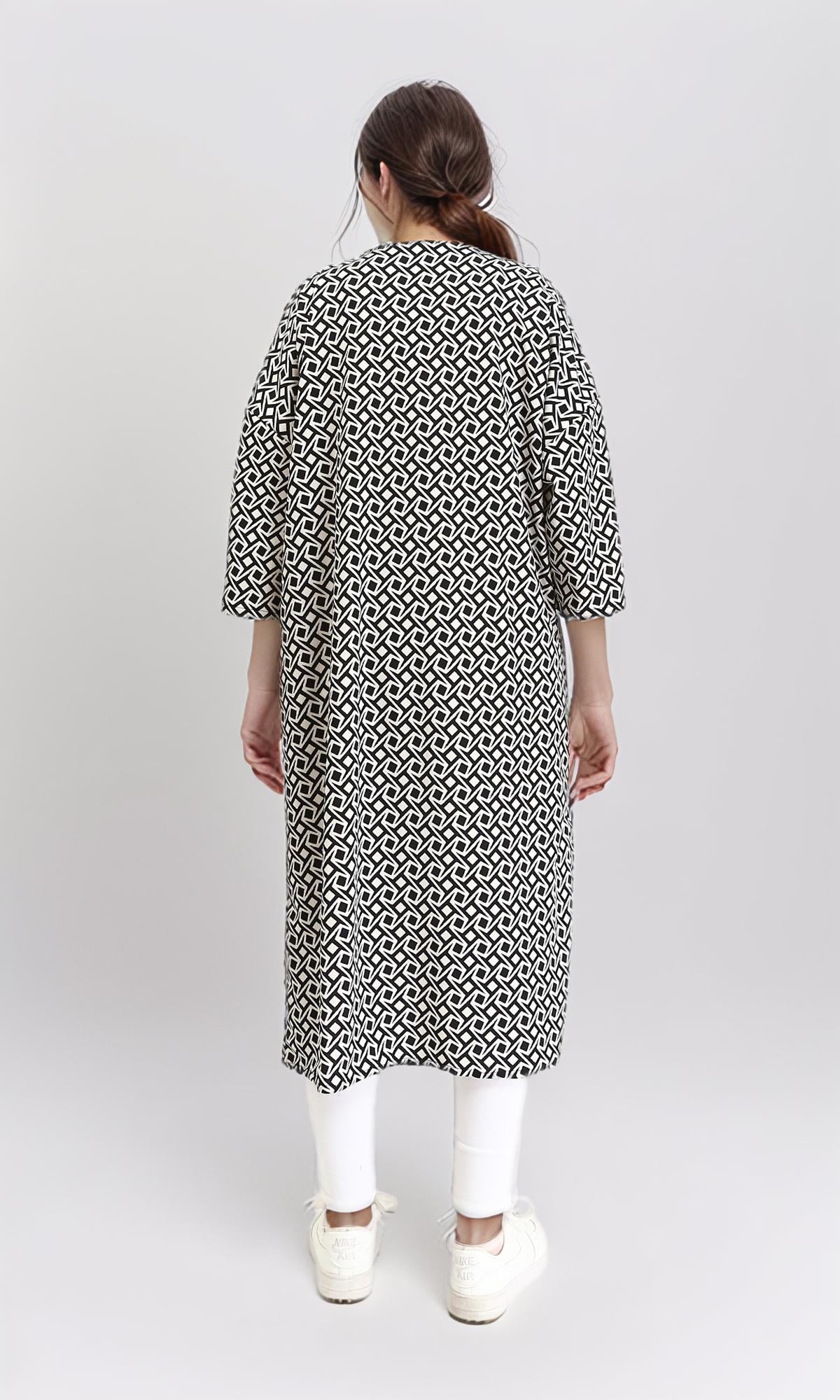 R209996 - Open Neckline Patterned Cardigan - Black & Beige