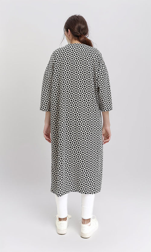 R209996 - Open Neckline Patterned Cardigan - Black & Beige