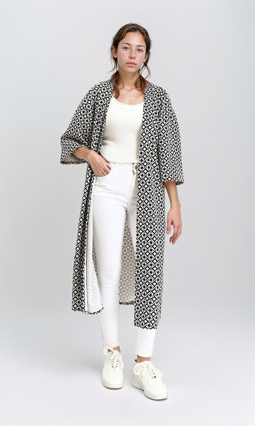 R209996 - Open Neckline Patterned Cardigan - Black & Beige