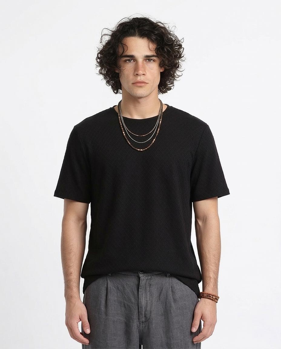 Men's Diamond-Grid Textured Crew Neck T-Shirt - Black