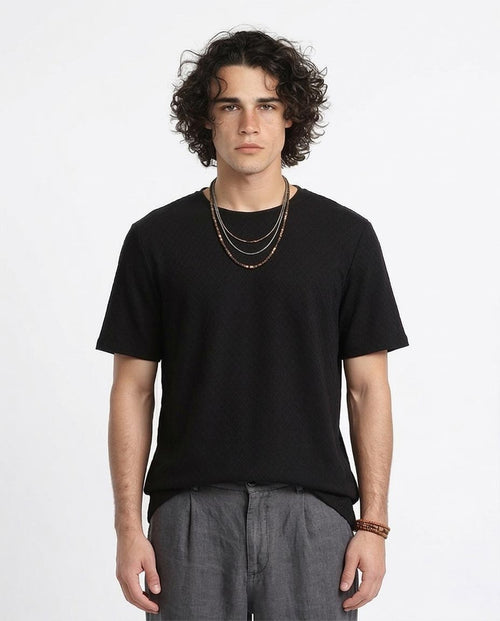 Men's Diamond-Grid Textured Crew Neck T-Shirt - Black