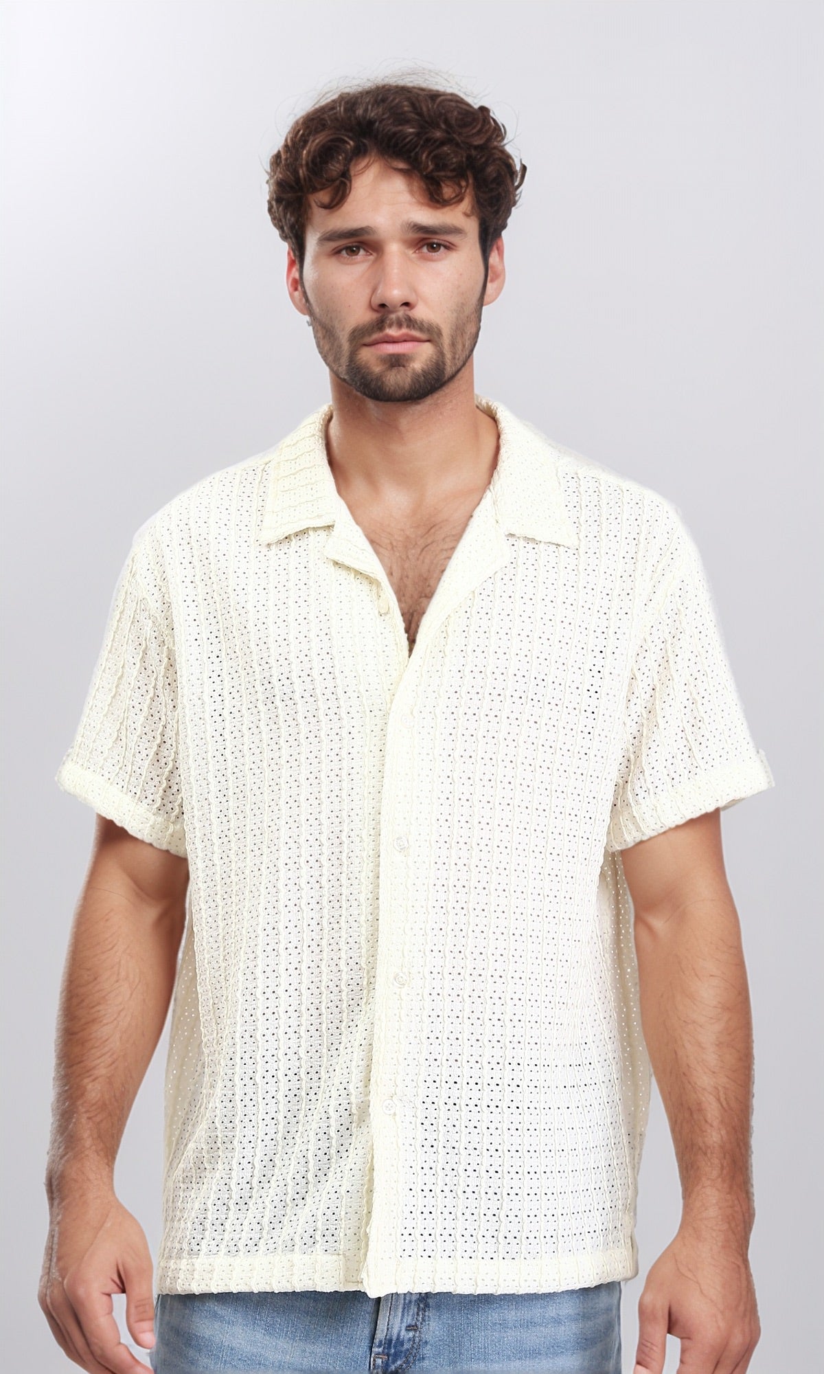 Perforated Elbow Sleeves Casual Shirt - Beige