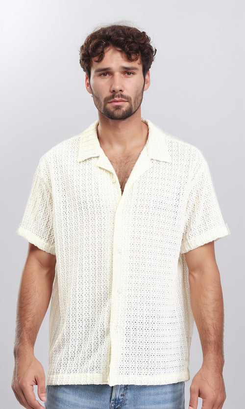 Perforated Elbow Sleeves Casual Shirt - Beige