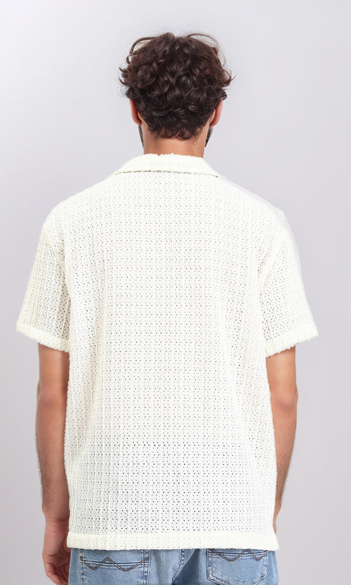 R210012 - Perforated Elbow Sleeves Casual Shirt - Beige