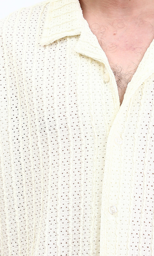 R210012 - Perforated Elbow Sleeves Casual Shirt - Beige