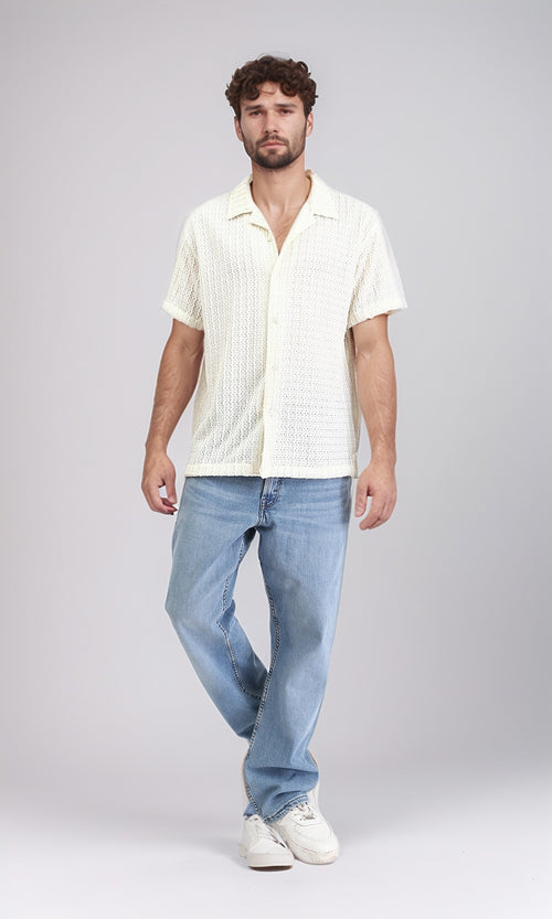R210012 - Perforated Elbow Sleeves Casual Shirt - Beige