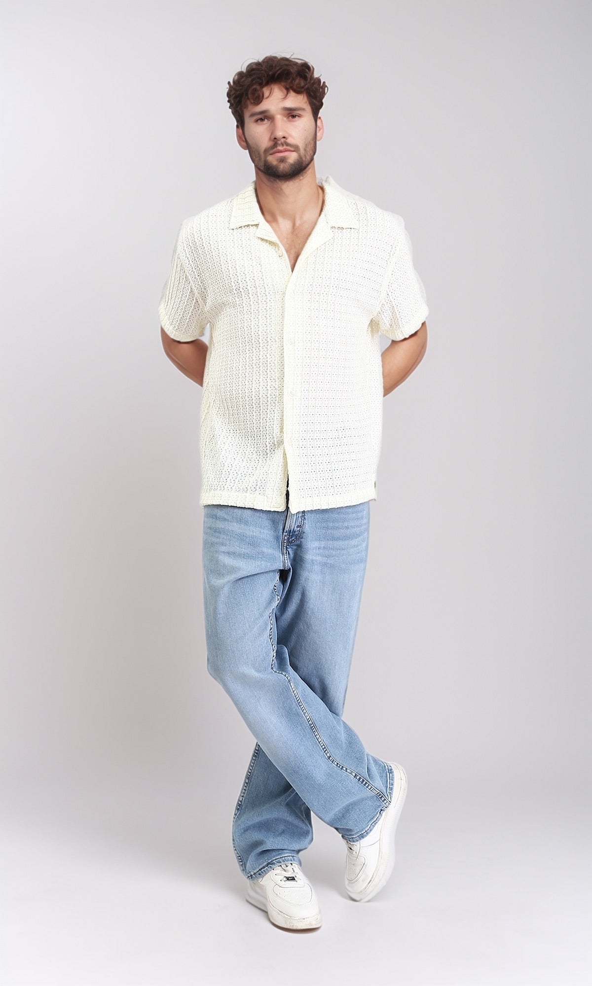 R210012 - Perforated Elbow Sleeves Casual Shirt - Beige