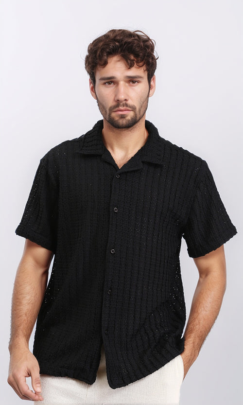 Perforated Elbow Sleeves Casual Shirt - Black