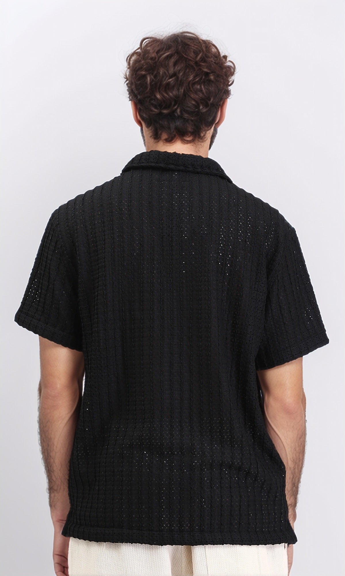 R210013 - Perforated Elbow Sleeves Casual Shirt - Black