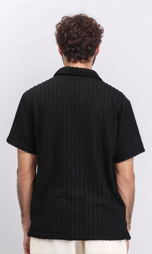 R210013 - Perforated Elbow Sleeves Casual Shirt - Black