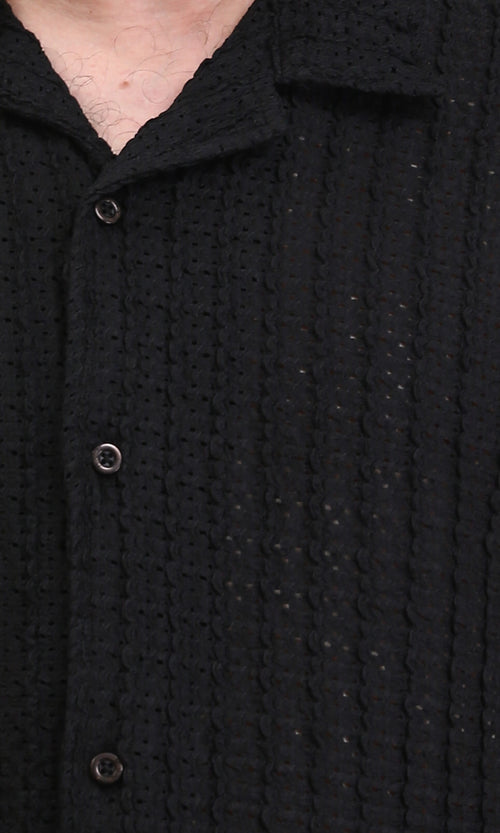 R210013 - Perforated Elbow Sleeves Casual Shirt - Black