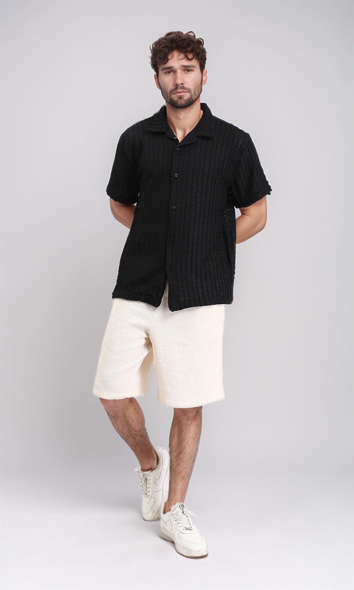 R210013 - Perforated Elbow Sleeves Casual Shirt - Black