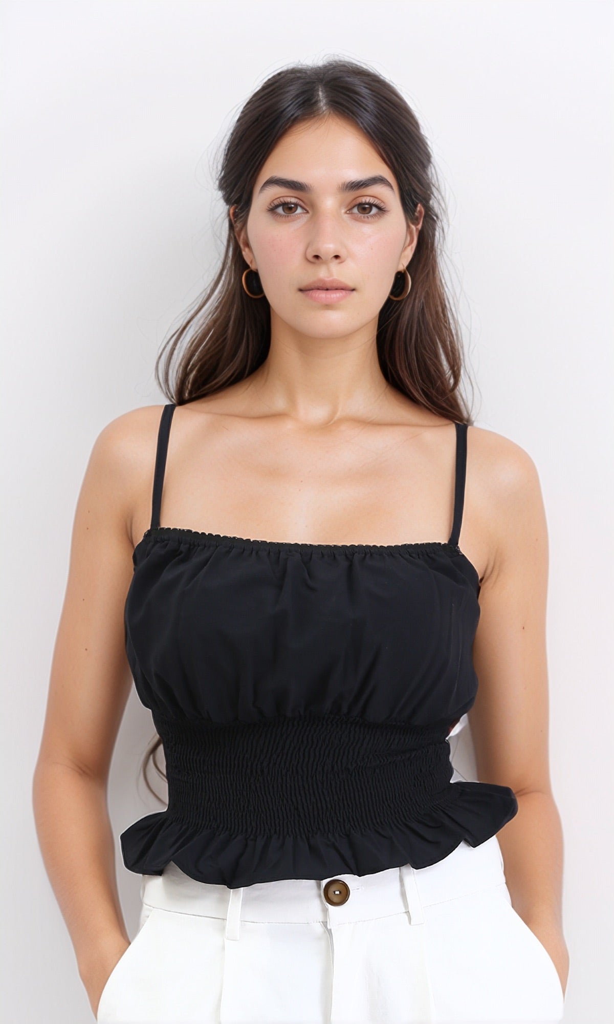 Spaghetti Sleeves Shirred Top - Black