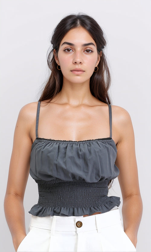 Spaghetti Sleeves Shirred Top - Dark Grey