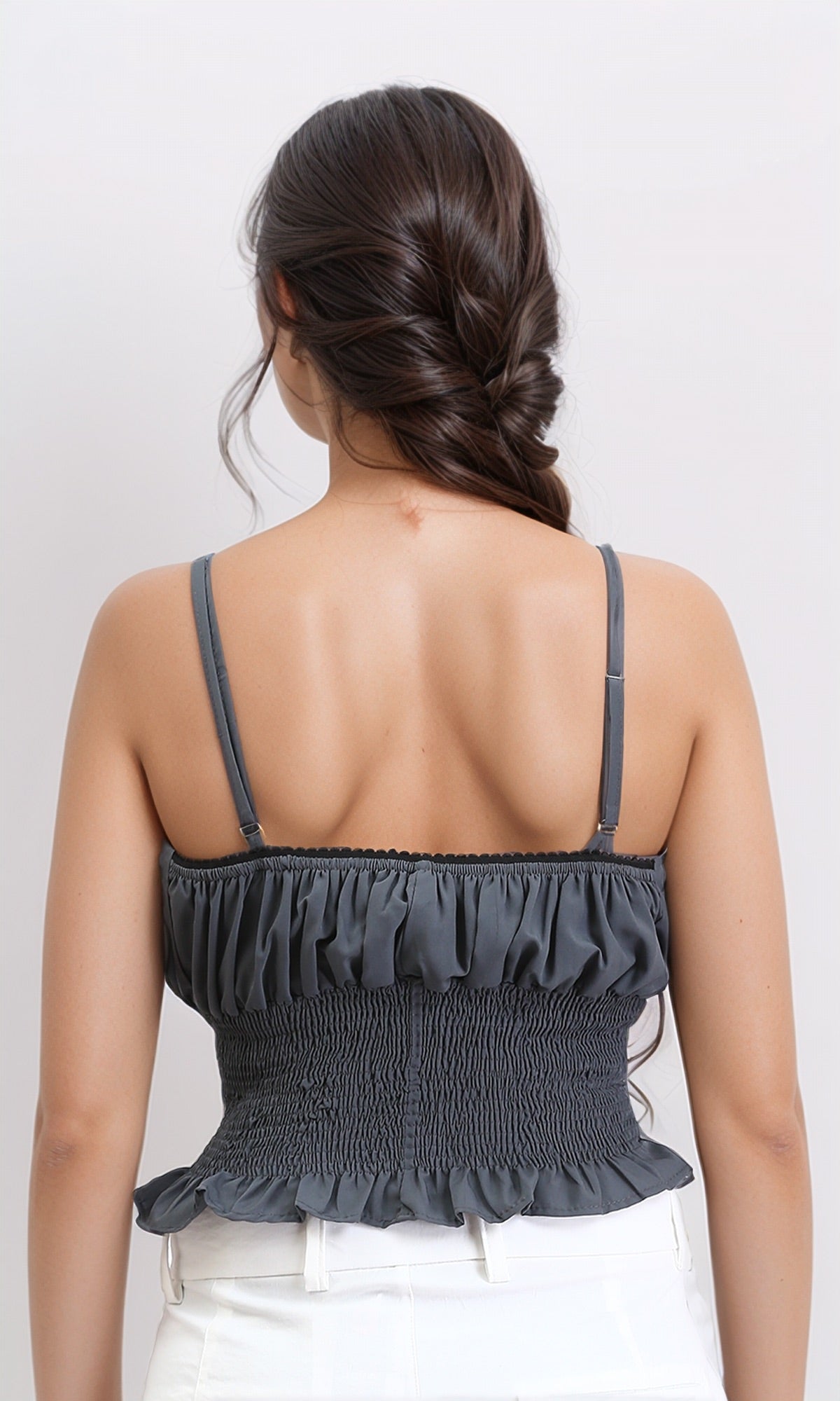 R210019 - Spaghetti Sleeves Shirred Top - Dark Grey