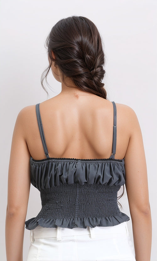 توب كريب قصير بكشكشة وحمالات رفيعة - رمادي داكن - R210019