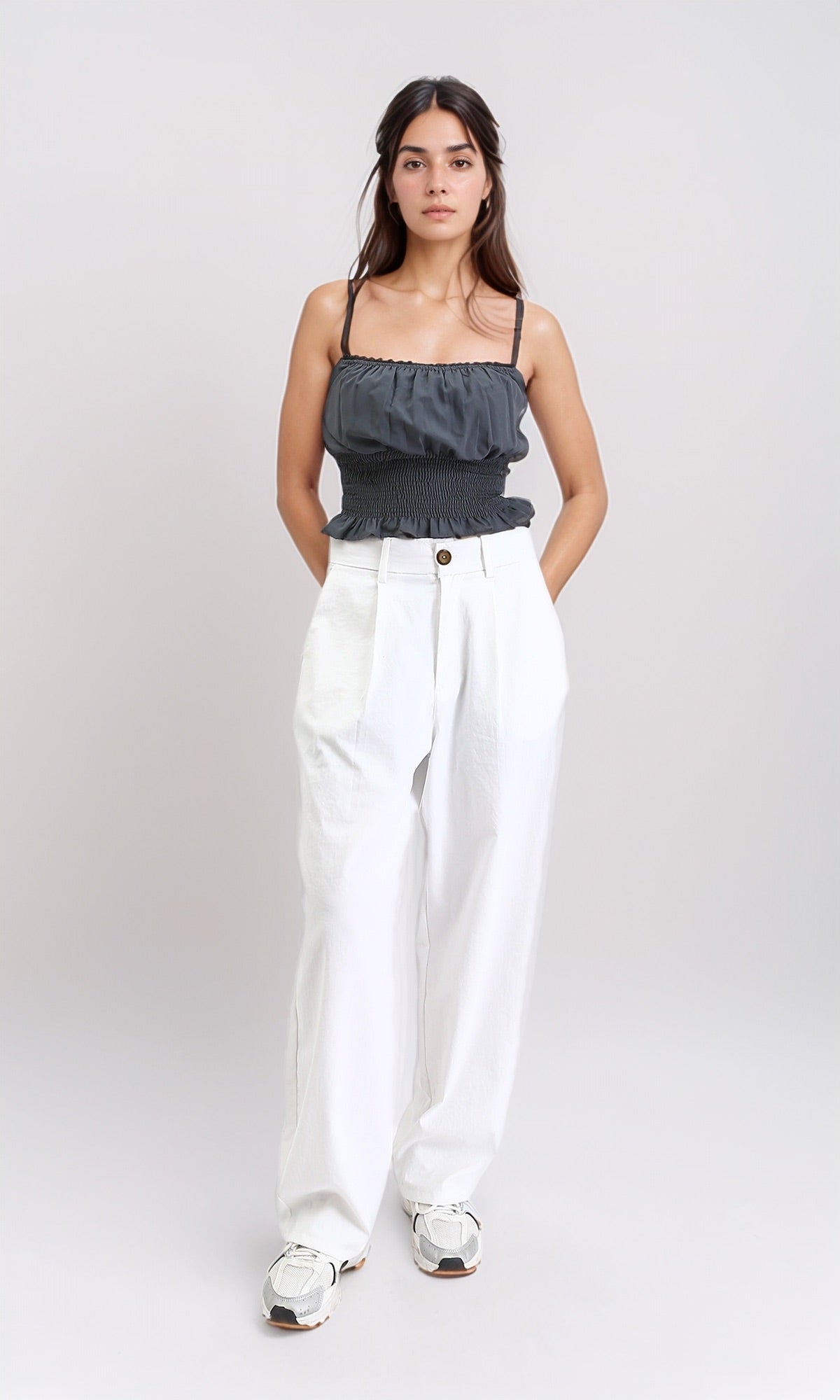 R210019 - Spaghetti Sleeves Shirred Top - Dark Grey