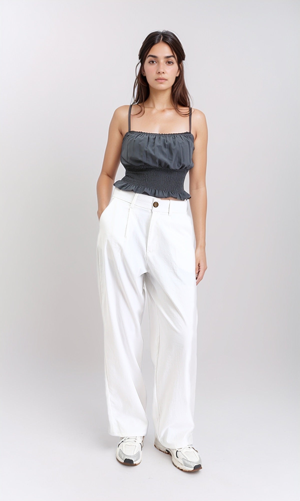 R210019 - Spaghetti Sleeves Shirred Top - Dark Grey