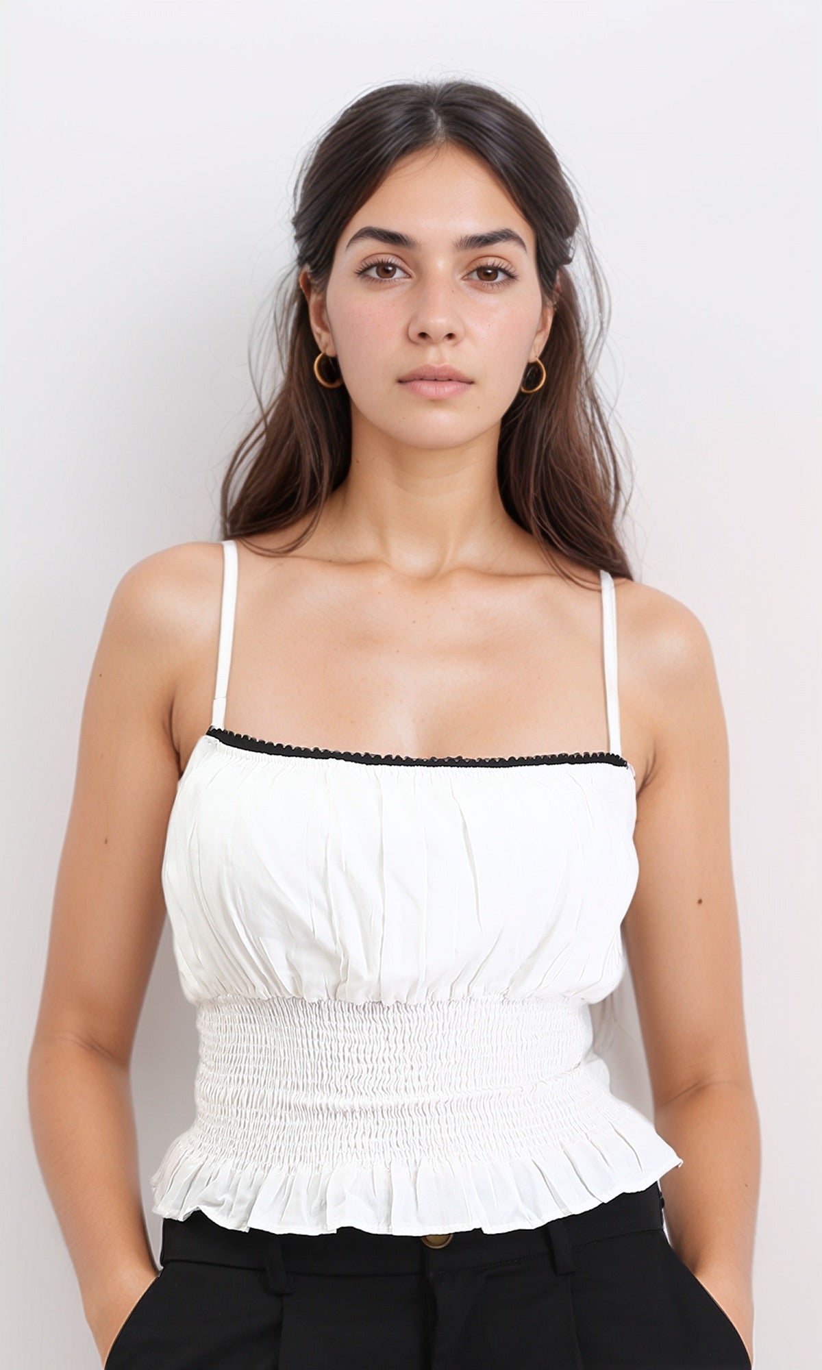 Spaghetti Sleeves Shirred Top - White