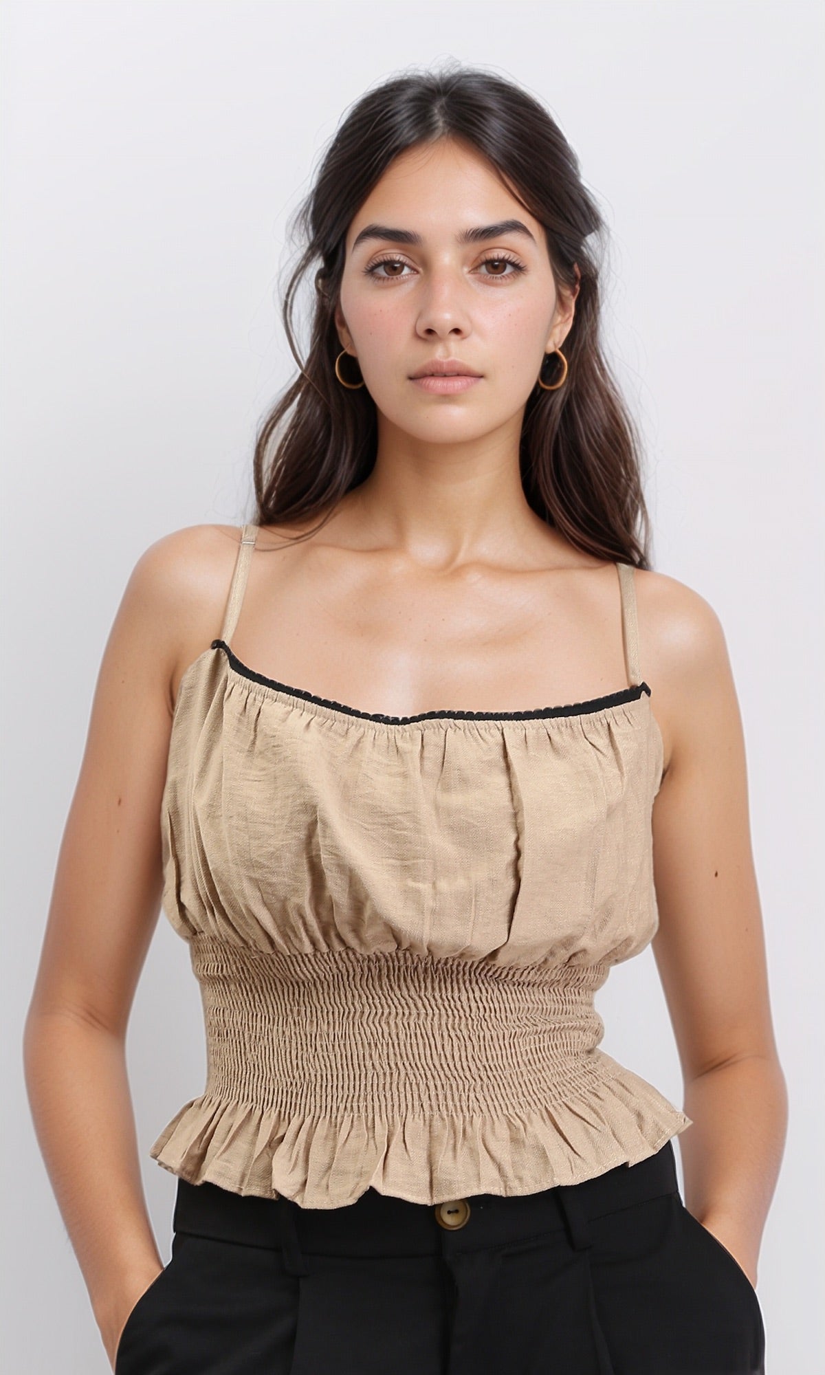 Spaghetti Sleeves Shirred Top - Light Coffee