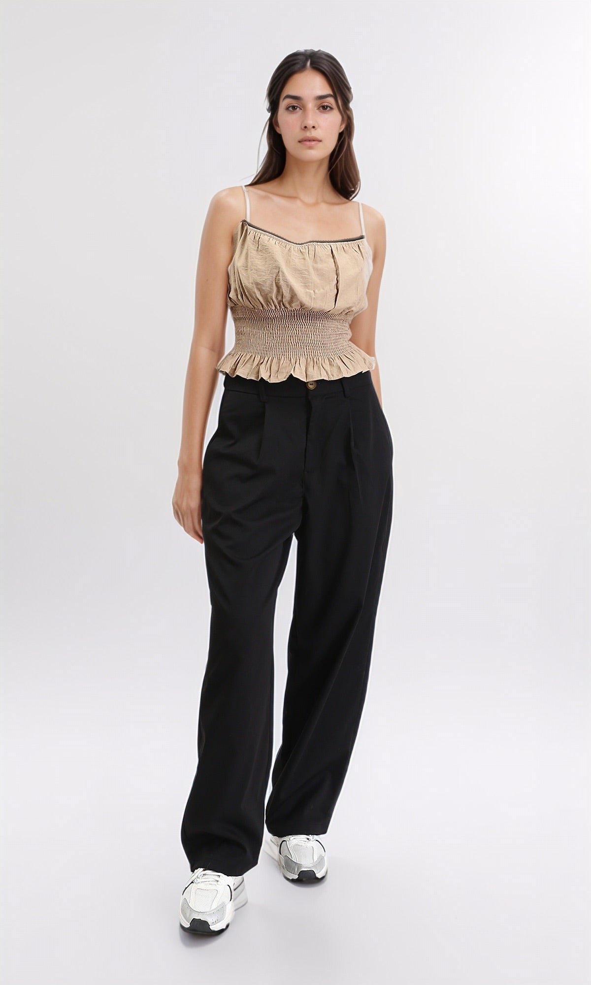 R210021 - Spaghetti Sleeves Shirred Top - Light Coffee