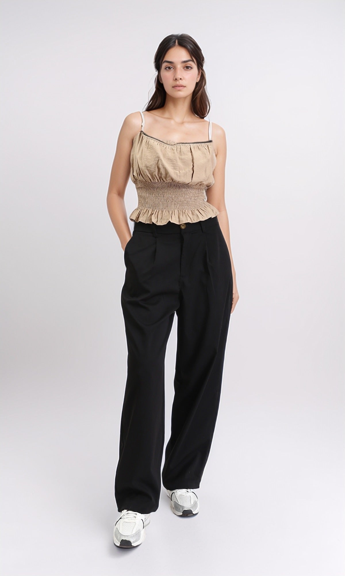 R210021 - Spaghetti Sleeves Shirred Top - Light Coffee